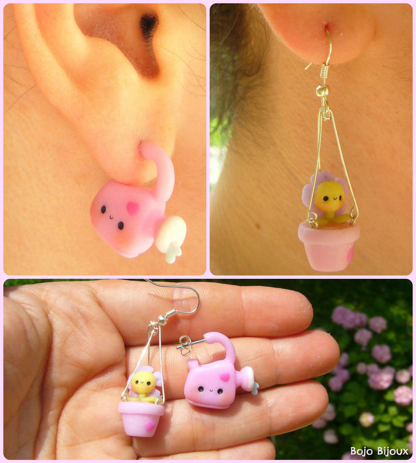 Watering can and dangly pot - fake ear plug by Bojo-Bijoux