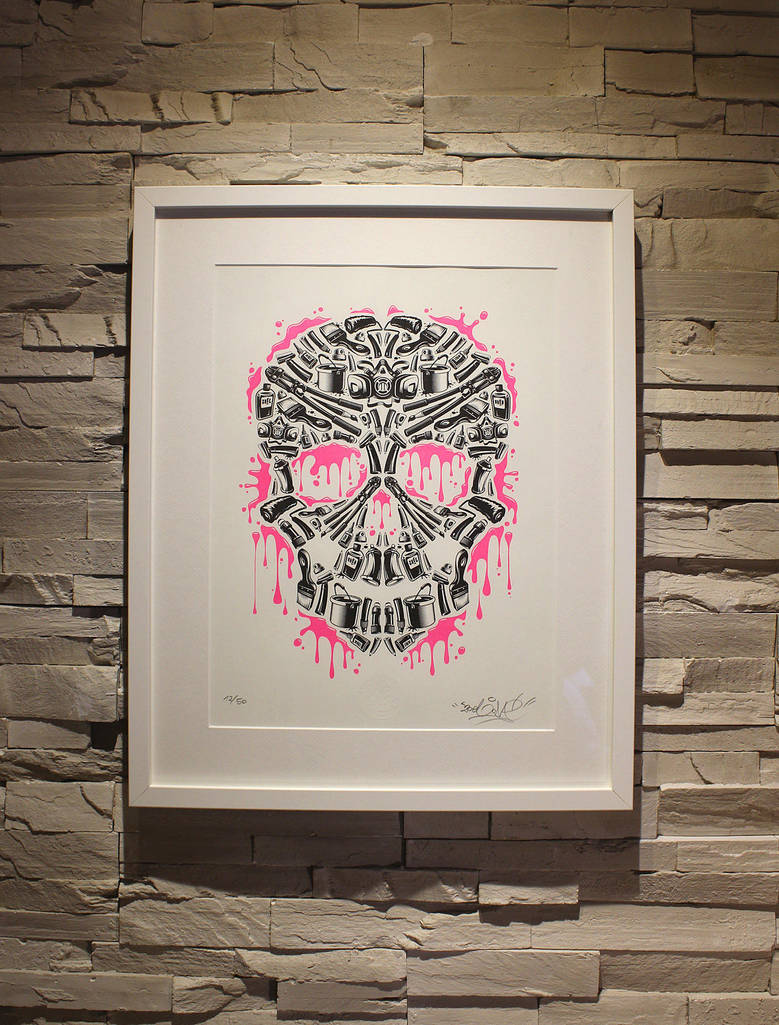 ZoelOne limited Riso print - Sweet Streets Skull by ZoelOner