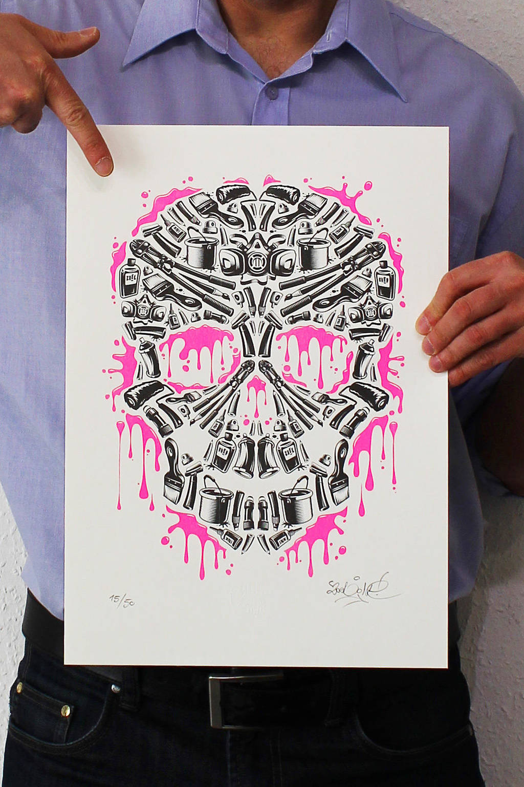 ZoelOne limited Riso print - Sweet Streets Skull by ZoelOner