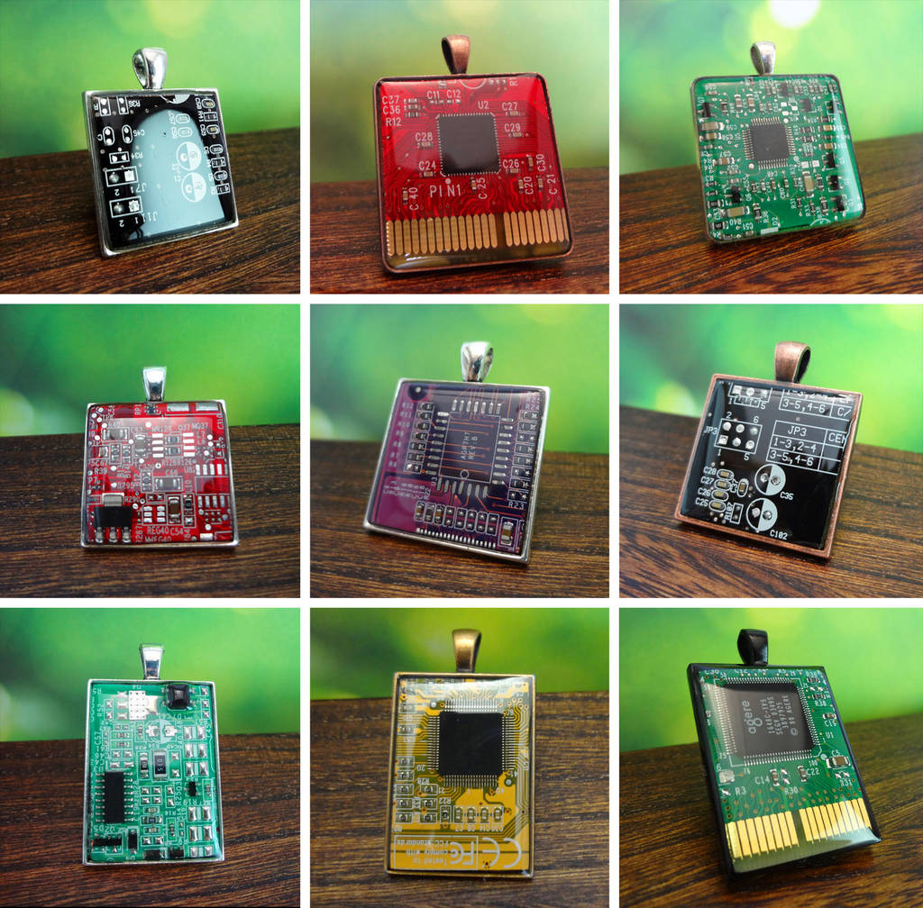 Circuit board pendants by Koreena