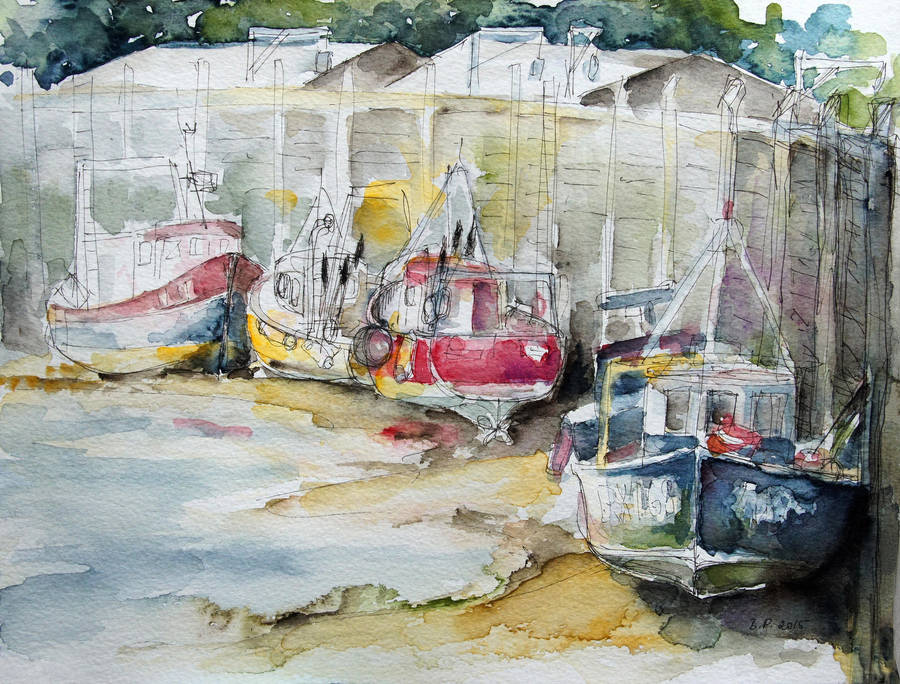 Fishing Boats Settled Aground During Ebb Tide by BarbaraPommerenke