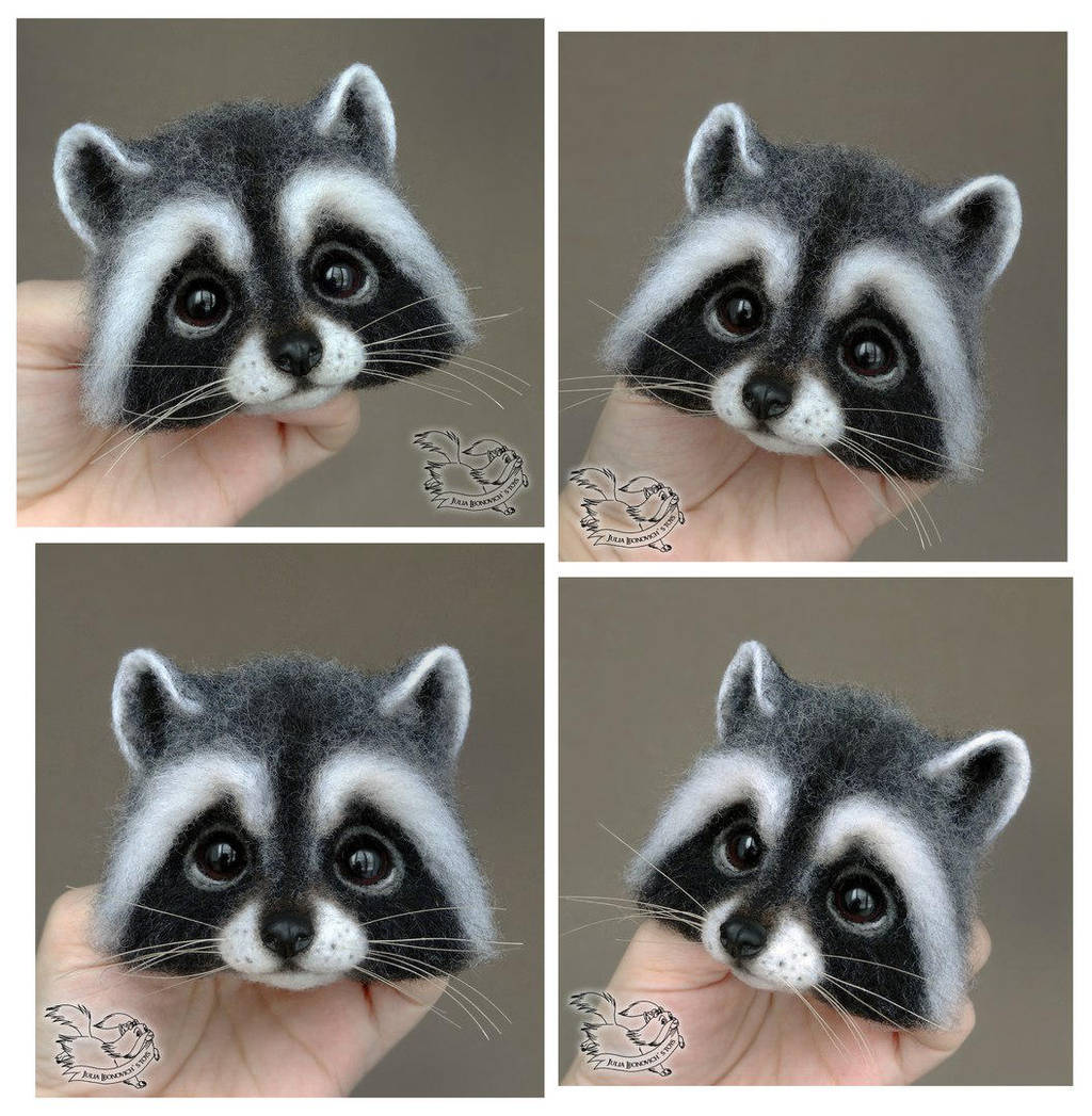 Needle Felted Brooch Raccoon by YuliaLeonovich