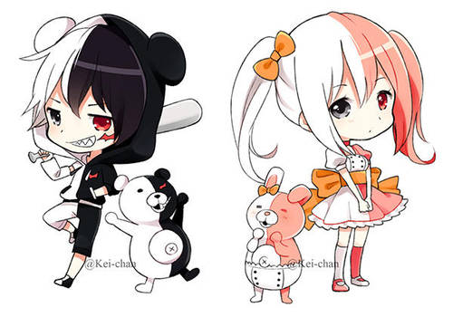 Monokuma and Monomi chibi keychain by Keichan411