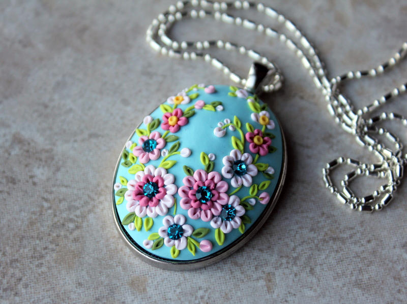 Polymer Clay Embroidery Pendant Necklace by CharanCreations