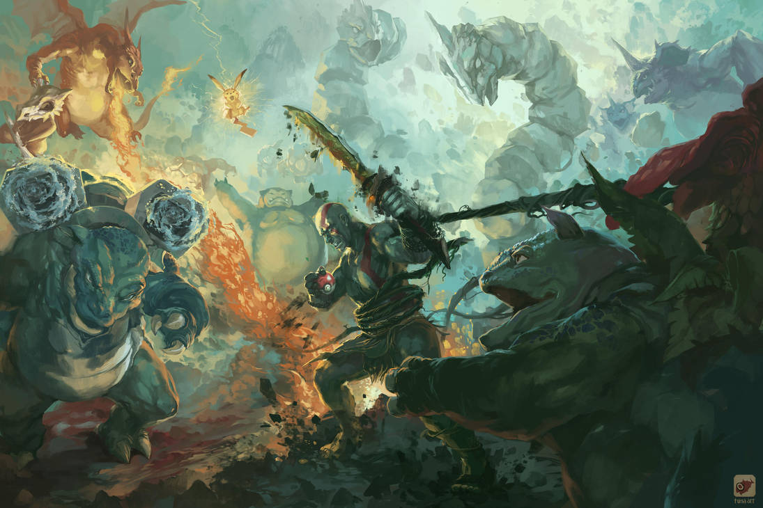 Pokemon vs. Kratos by Tuna-art