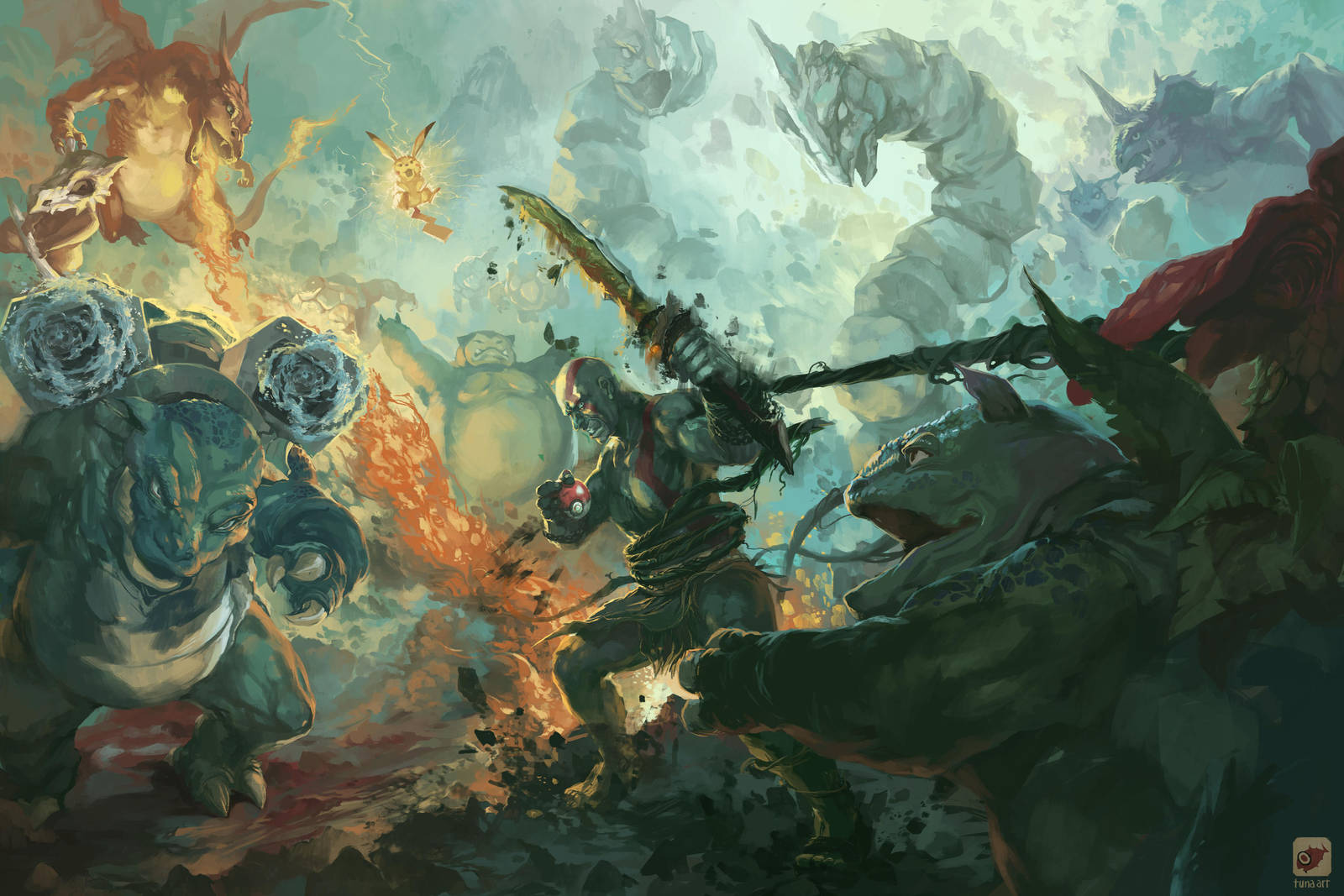 Pokemon vs. Kratos by Tuna-art
