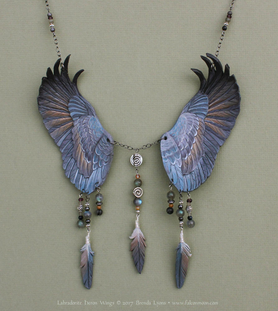 Labradorite Heron - Leather Wings Necklace by windfalcon