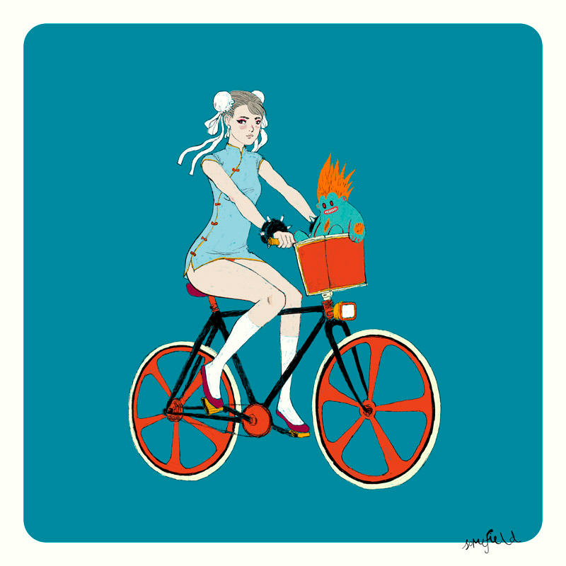 Chun-Li rides her Rad Bike with a Sweet Blanka Toy by somefield