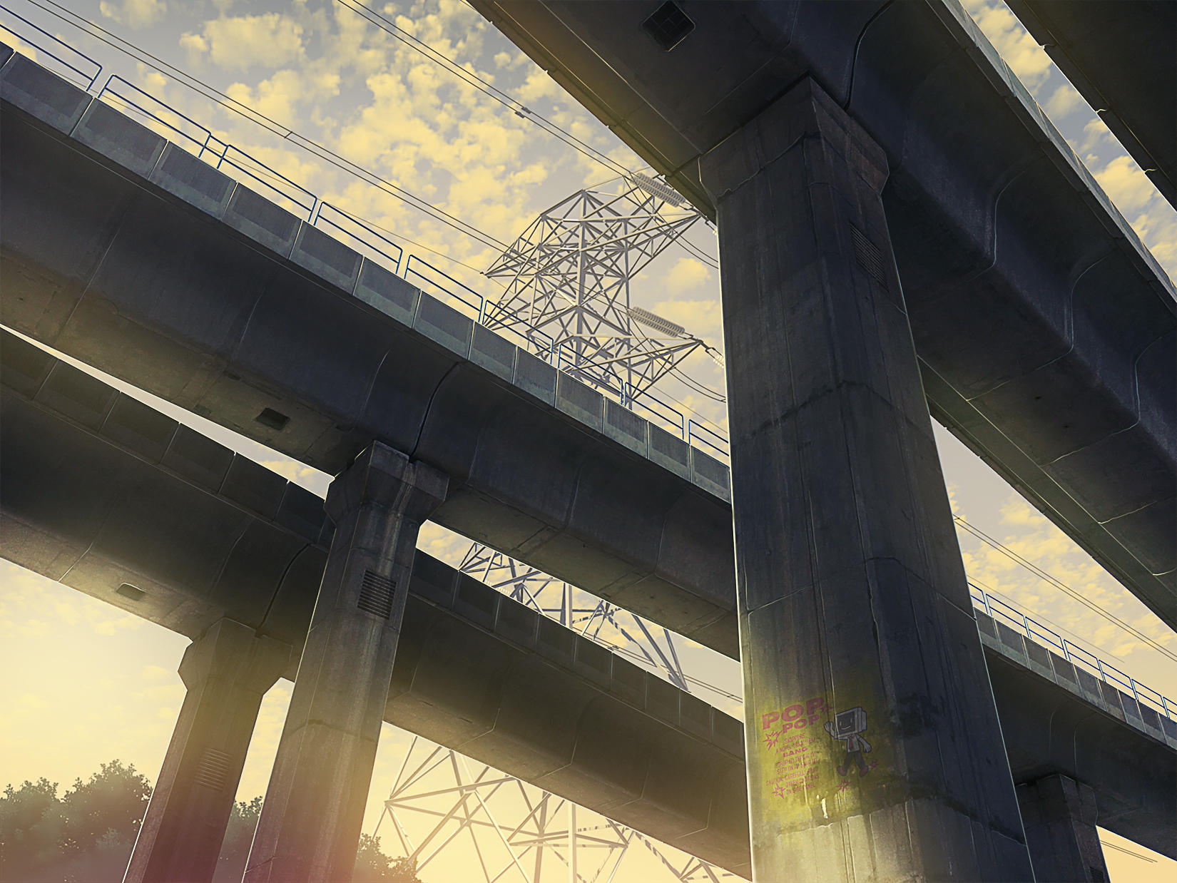 anime evening elevated railway