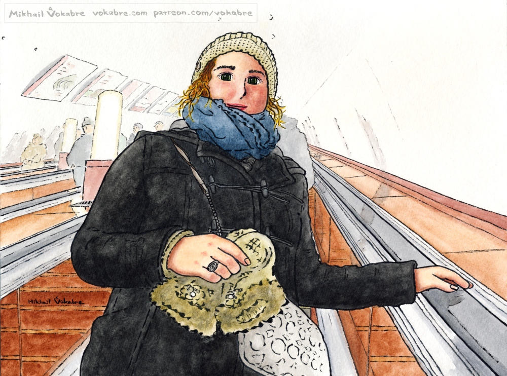 On an escalator, at Taganskaya by Vokabre