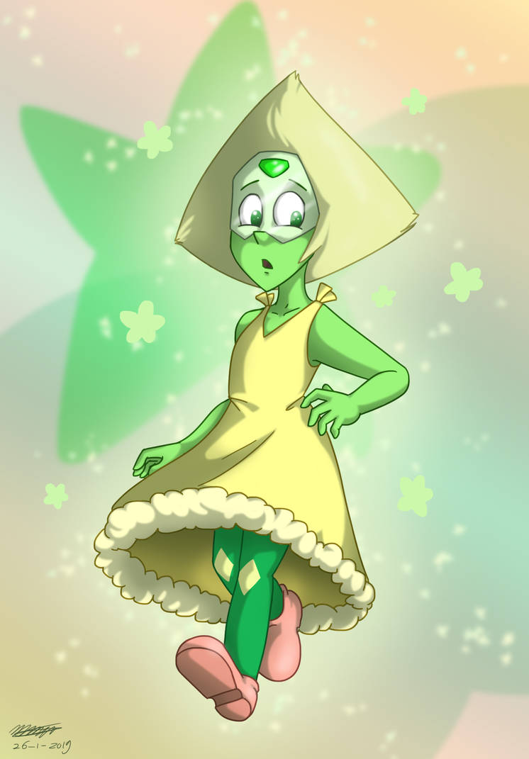 I drew Peridot when she was a flower girl at Garnet's wedding because I adore this angry little slice of pie and I loved that cute yellow dress she wore. I'm also gonna draw Peridot in her new form...