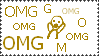 A stamp with randomly-placed text that says OMG with a little stickman.