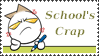 A stamp that features grumpy Onionhead with the text that says School's Crap.