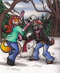 Art Trade : Taryn Lacy and Chislett's Snowman Fun by calicokatt
