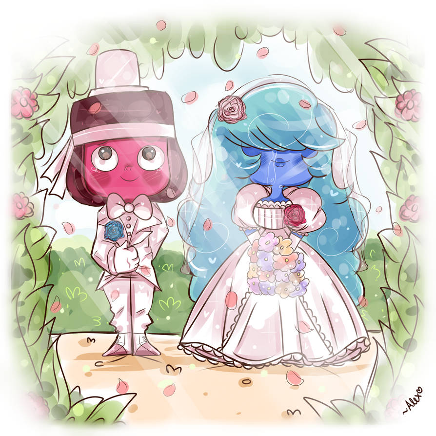 so I drew this BEFORE “Reunited” so I apologize Ruby and Sapphire aren’t in their accurate wedding attire >< I was too busy thinking of a peaceful pastel ...