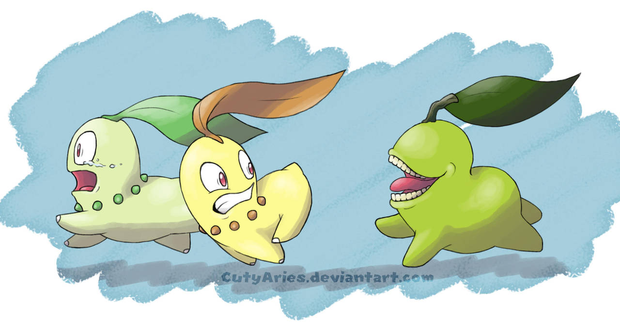 Bitting Pear and Chikorita by CutyAries